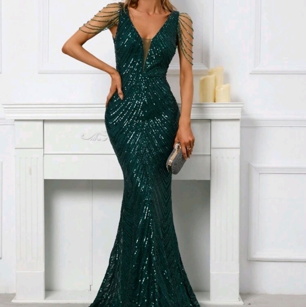 Dark Green, Sleeveless  Deep V Neck,  Rhinestone Draped,  Contras Sequin…